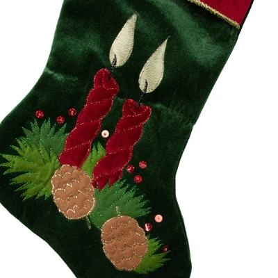 Northlight 20" Dark Green And Burgundy Candle And Pine Cone Velveteen Christmas Stocking 5 Northlight 20" Dark Green And Burgundy Candle And Pine Cone Velveteen Christmas Stocking - Image 3