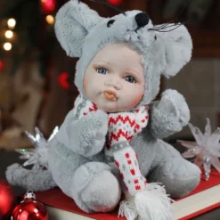 Northlight 9" Gray And Red Pucker Up Baby In Mouse Costume Collectible Christmas Doll