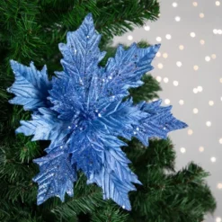 Northlight 24" Glittered Blue Poinsettia Christmas Stem Spray