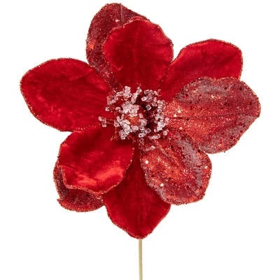 Northlight 18" Red Magnolia Glittered Christmas Stem Spray 4 Northlight 18" Red Magnolia Glittered Christmas Stem Spray - Image 2