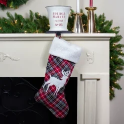 Northlight 20" Black And Red Tartan Reindeer Christmas Stocking With Cuff