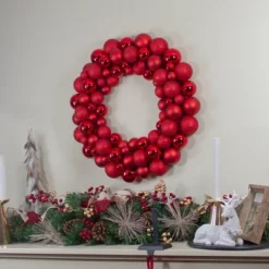 Northlight Red 3-Finish Shatterproof Ball Christmas Wreath, 36-Inch, Unlit
