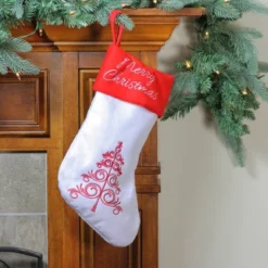 Northlight 15.5" White And Red Merry Christmas Stocking With Cuff