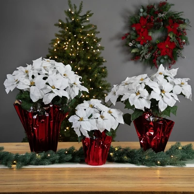 Northlight 22" White Artificial Christmas Poinsettia Flowers With Red Wrapped Base 4 Northlight 22" White Artificial Christmas Poinsettia Flowers With Red Wrapped Base - Image 2