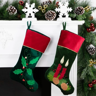 Northlight 20" Dark Green And Burgundy Candle And Pine Cone Velveteen Christmas Stocking 3 Northlight 20" Dark Green And Burgundy Candle And Pine Cone Velveteen Christmas Stocking